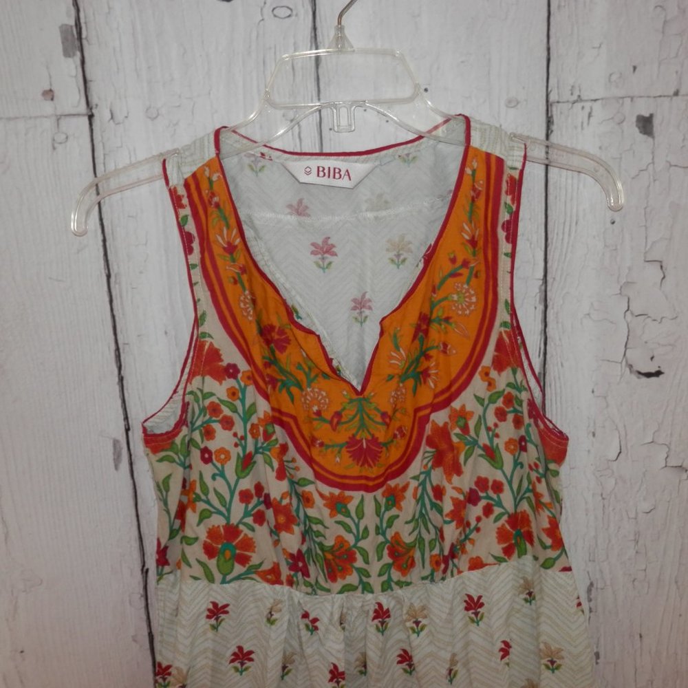 BIBA  Size 38 Boho Loose Blouson Peasant Dress Pleated Floral 100% Cotton 3559 - Picture 8 of 13